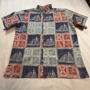 Reyn Spooner Shirt Button Up Short Sleeve Reverse Print Sail boat Blue Red XL